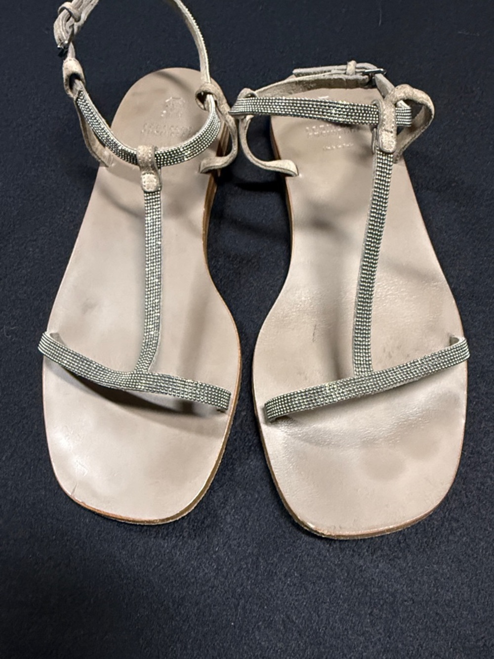 Brunello Cucinelli Metallic Beige T-Strap Sandals - Picture 2 of 4